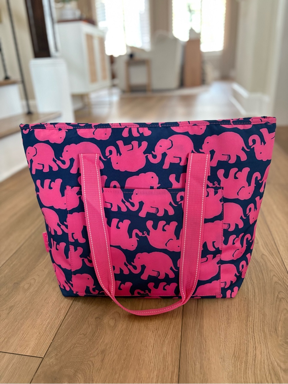 Lilly Pulitzer Navy Tote with Hot Pink Elephant Print Waterproof and Lined